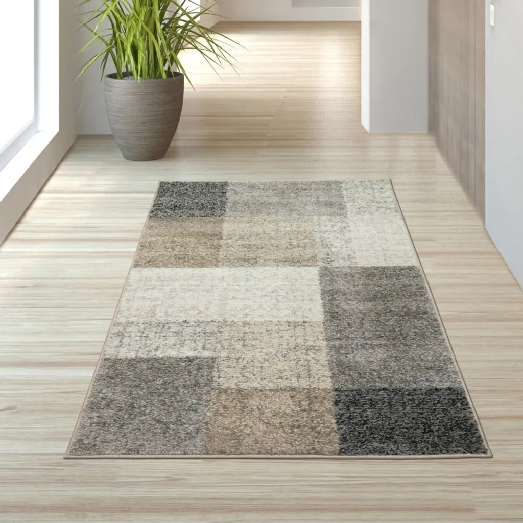 Tapis de salon gris-beige à motifs carrés, textile résistant 80x140cm