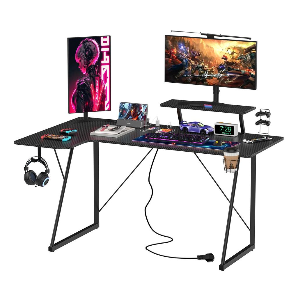 L-Form Eckschreibtisch Schreibtisch Gaming Computertisch Steckdose & USB & Kopfhörerhaken Schwarz