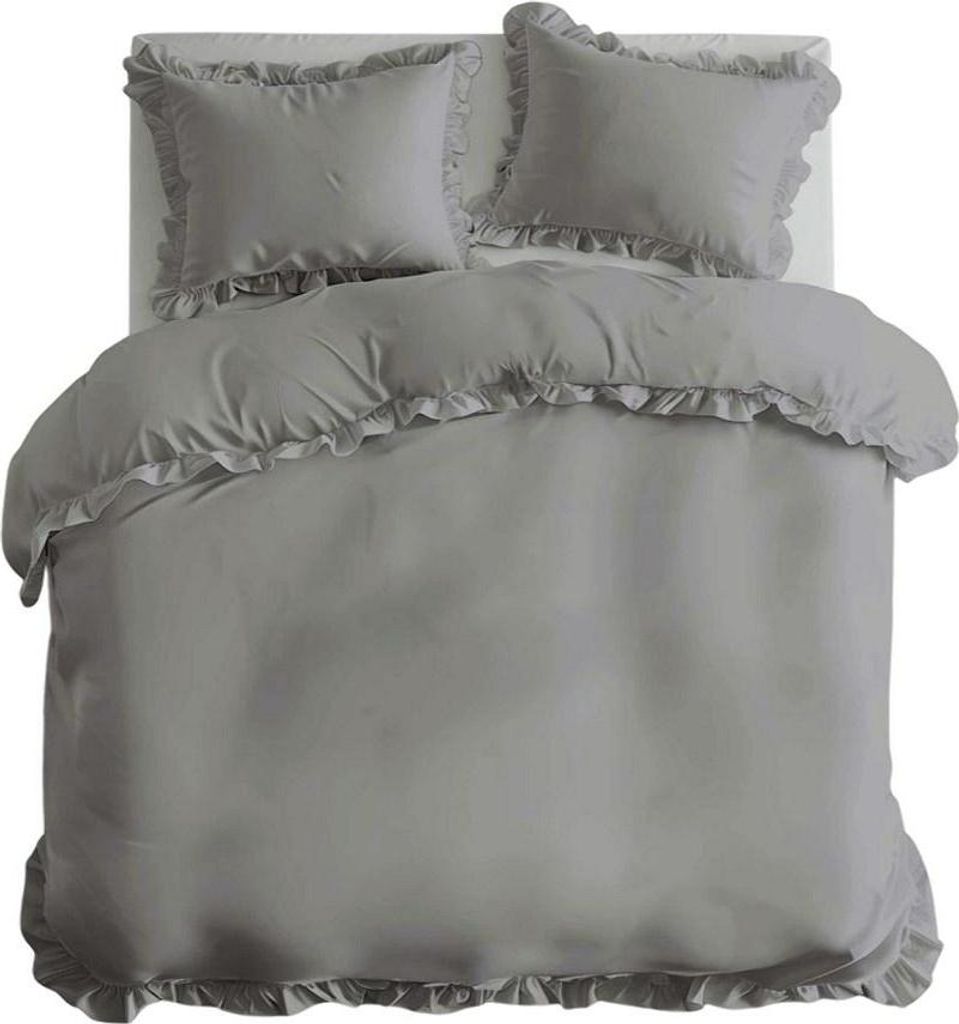 Bettwäsche, Baumwollbettwäsche mit Rüschen, Boho-Stil, Knopfverschluss 160x200 Hellgrau