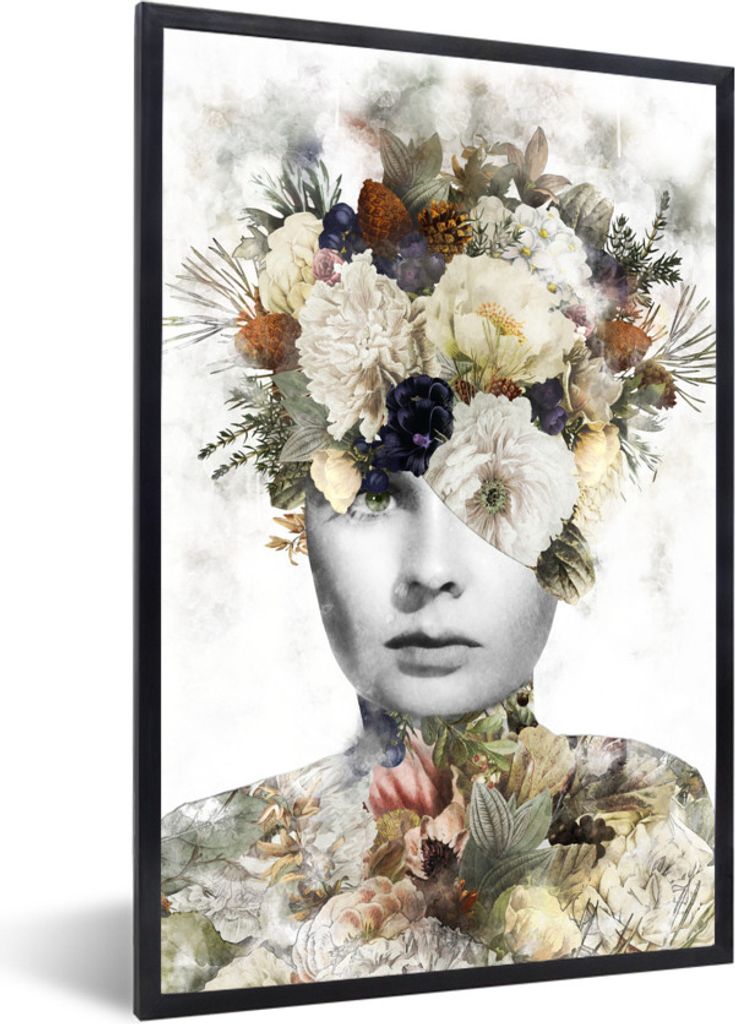 MuchoWow MuchoWow Gerahmtes Poster Blumen - Frau - Scherben 20x30 cm - Poster mit zchwarzem Bilderrahmen - Drucken - Bilder Poster im Rahmen