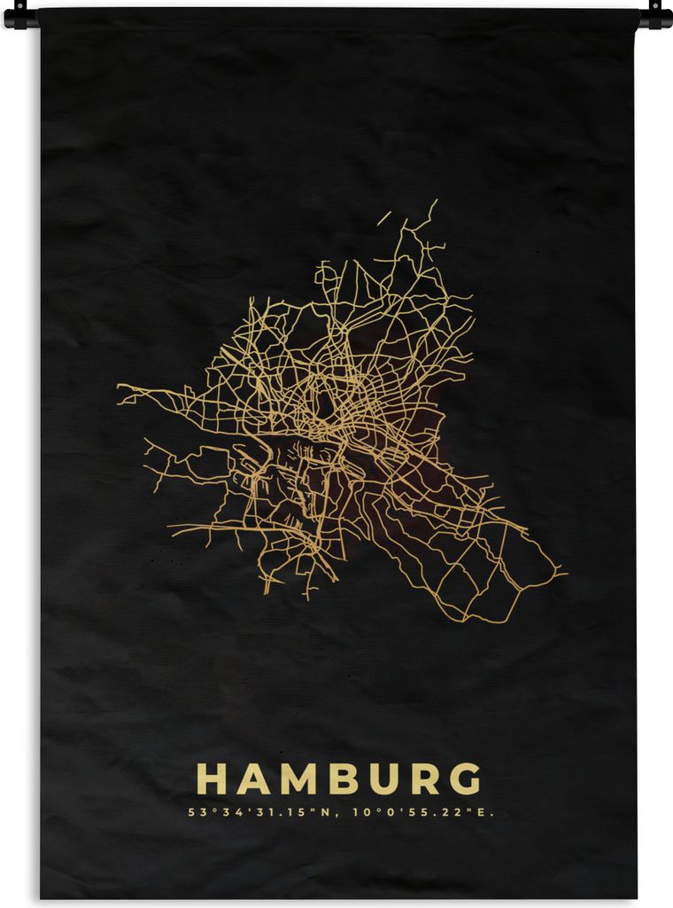 MuchoWow Wandteppich Wandbehang Hamburg - Karte - Stadtplan - Gold - Karte 120x180 cm Tapisserie Dekoration Wandtuch - Schlafzimmer - Dekoratione...