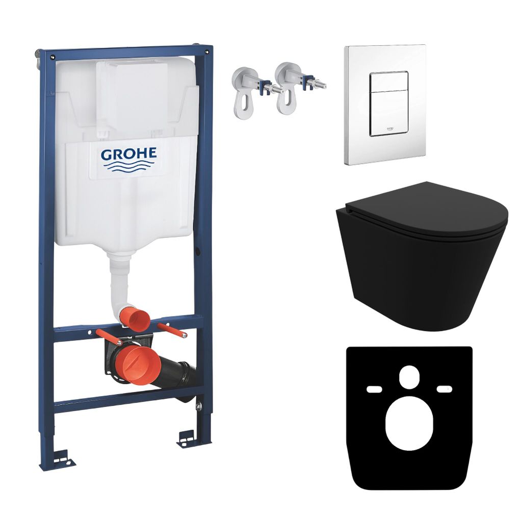 GROHE Vorwandelement Solido + Wand Hänge WC Galve Schwarz Spülrandlos + WC-Sitz SoftClose | Glänzend Weiß Knopf | Komplettset | Unterputz Spül...