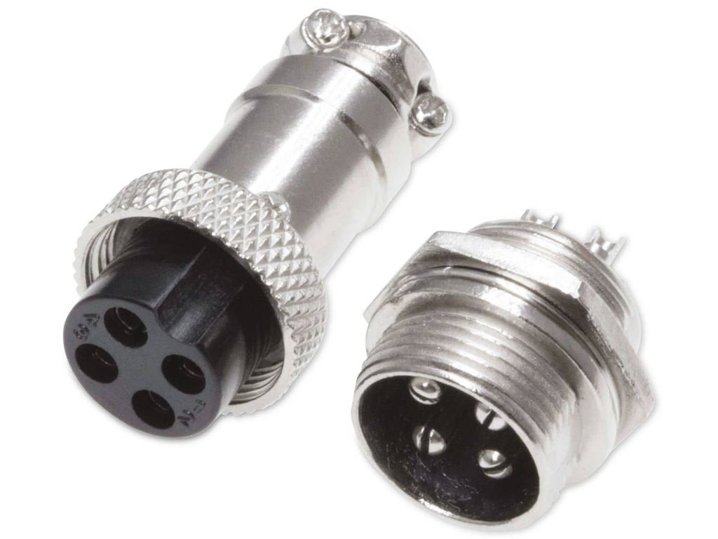 Rundsteckverbinder, 4-polig, 60V, 7A, Lötanschluss, IP55, wire to panel, 1 Stecker + 1 Buchse