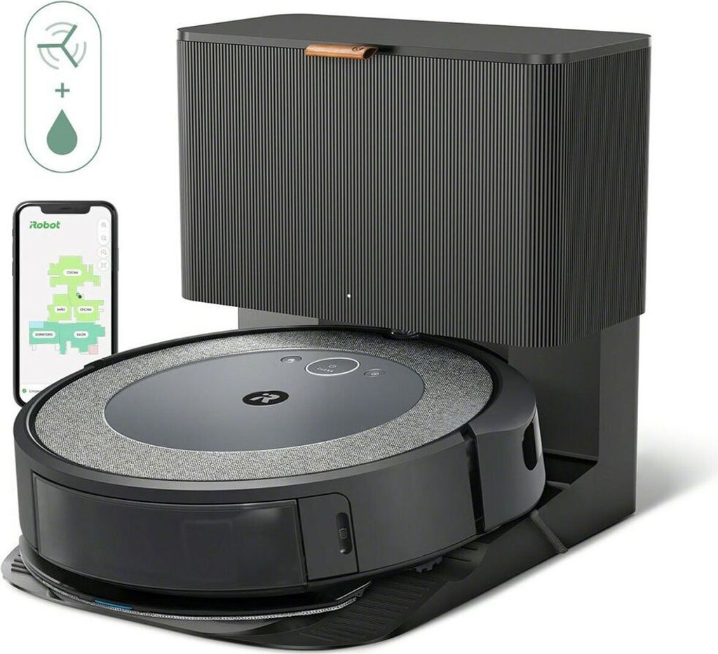 A robot vacuum cleaner with its charging and cleaning station, next to a smartphone displaying a cleaning map.