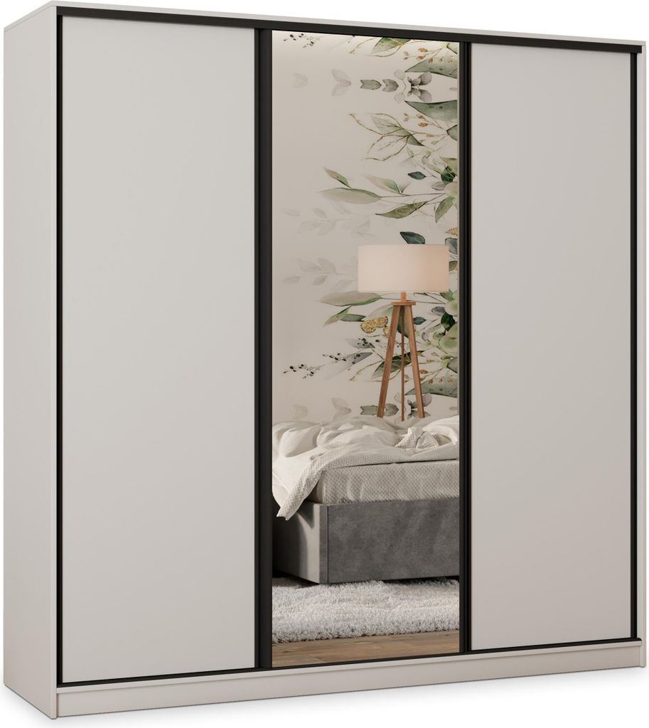 Masseno Schiebetürenschrank TARI 180/205/58 cm Kleiderschrank mit 4 Schubladen Schlafzimmer Schrank 3-türig mit Spiegel Weiß