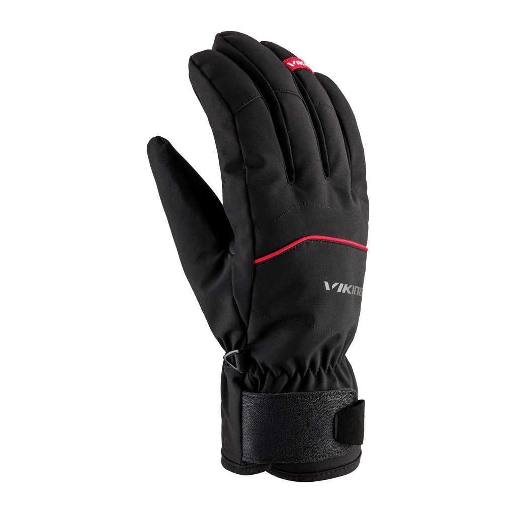 A black glove with red accents and branding, isolated on a white background.