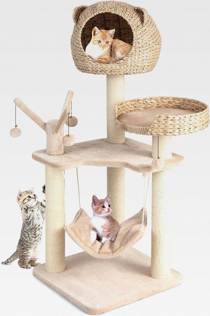 Kratzbaum mehrstöckig, 121cm Katzenbaum mit Höhle & Hängematte & 4 Bällen & Bett, Kletterbaum für Katzen, Stabiler Katzenkratzbaum Katzenmöbel
