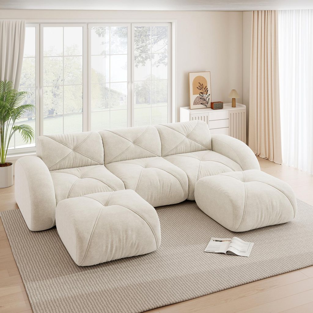 MODFU Dreisitzer Modulares Sofa mit Rahmenloses Design und 2 Hocker,U-förmiges Big Sofa mit Schlaffunktion,32D-Schaum,Rutschfest,Schlafsofa,Chenil...