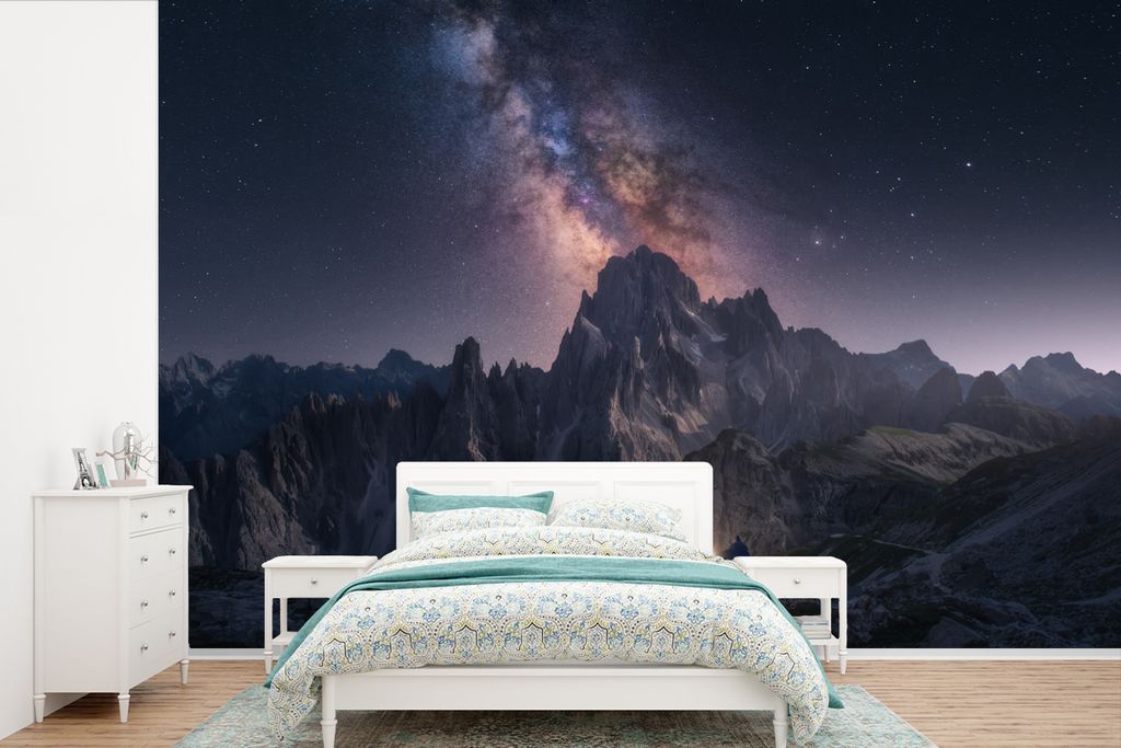 MuchoWow Fototapete für Wohnzimmer oder Schlafzimmer Wandtapete Vinyl Motivtapete Dolomiten - Berge - Sternenhimmel - 330x220 cm - Fototapeten