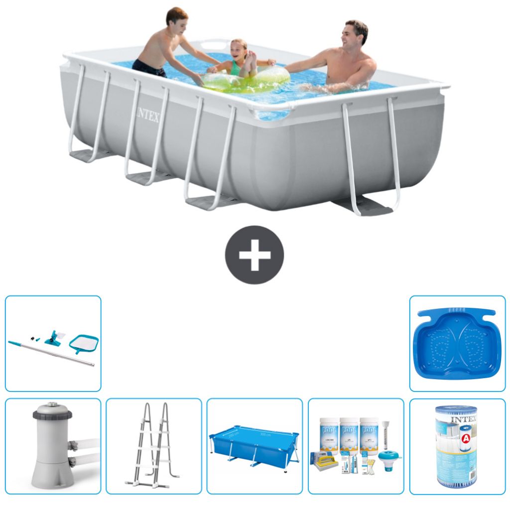 Intex Rechteckiges Prisma-Rahmen-Schwimmbecken – 300 x 175 x 80 cm – Grau – inklusive Pumpe – Leiter Sonnensegel - Wartungspaket - Filter -...