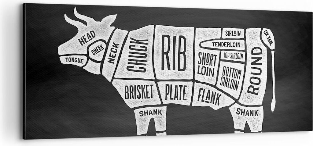 Bild auf Leinwand - Leinwandbild - Kuh Rindfleisch Kochen Grafik - 100x40cm - Wand Bild - Wanddeko - Leinwanddruck - Bilder - Kunstdruck - Wanddeko...