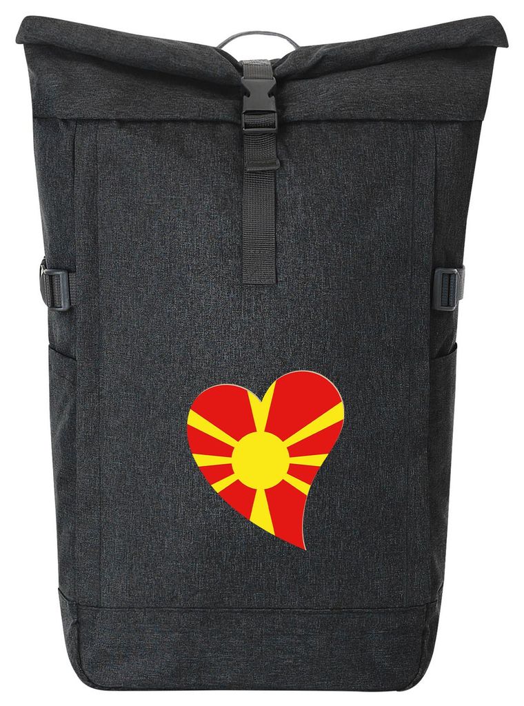 Huuraa Kurierrucksack Mazedonien Flagge Herz 30-44 Liter Black Melange Fairtrade Rolltop Rucksack Geschenkidee