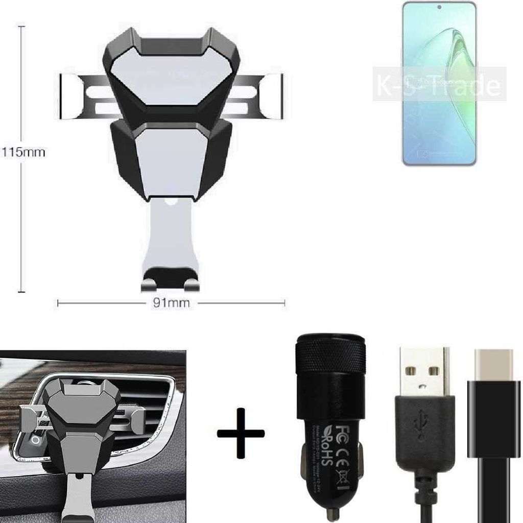 K-S-Trade Lüftungsschlitz Halterung kompatibel mit Oppo Reno8 Pro+ Lüftungshalterung Lüftungsgitter schwarz-silber Auto-Halterung Smartphone Halter