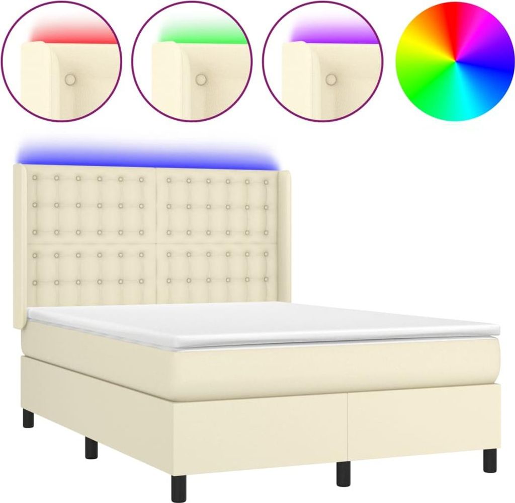 vidaXL Boxspringbett mit Matratze & LED Creme 140x200 cm Kunstleder