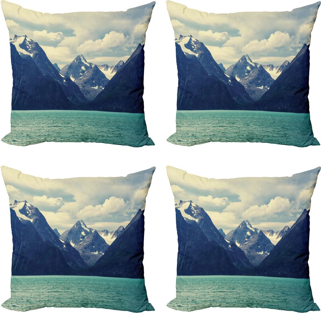 ABAKUHAUS Berg Kissenbezug Set (4 Stück), Nordnorwegen Harbor, Moderner Doppelseitiger Digitaldruck, 40 cm x 40 cm, Mandelgrün Dunkelblau