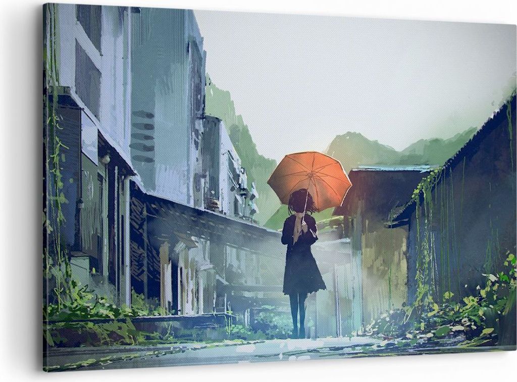 Bild auf Leinwand - Leinwandbild - Frau Straße Haus - 100x70cm - Wand Bild - Wanddeko - Wandbilder - Leinwanddruck - Bilder - Kunstdruck - Wanddek...