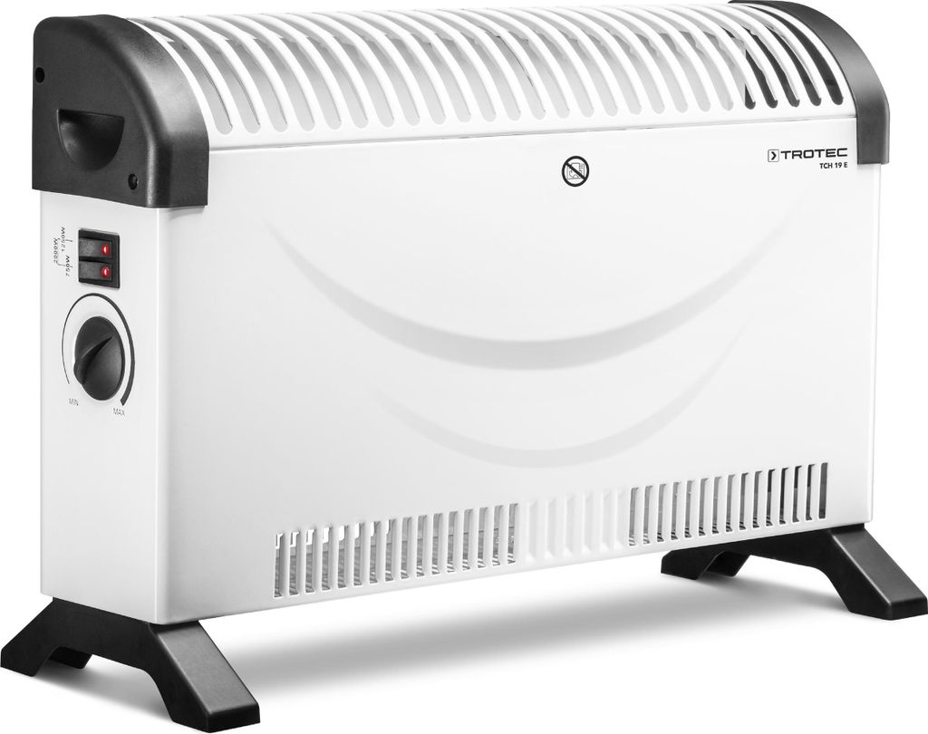 A white TROTEC convection heater with black accents and feet, shown on a white background.