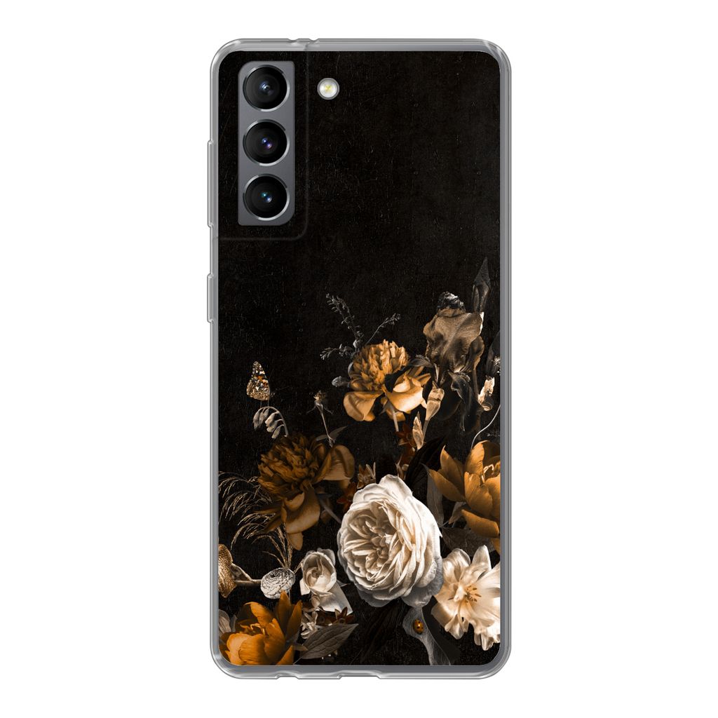 MuchoWow Handyhülle Schutzhülle Hülle für Samsung Galaxy S21 Blume - Gold - Muster Silikon Softcase Handy Hülle - Softcase