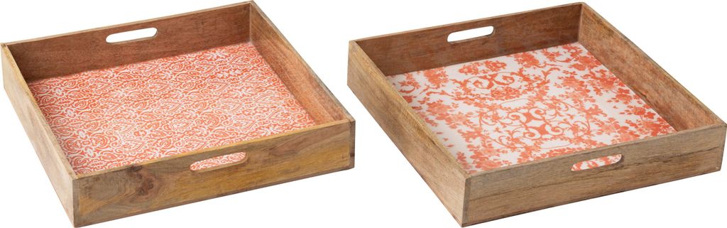 J-Line Tablett Viereckig Mango-Holz Orange/Weiß Sortiert 2