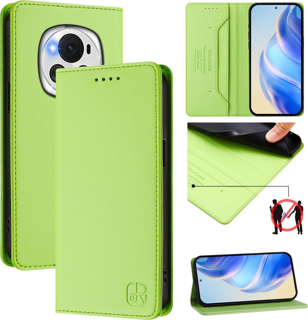 Lederhülle für Honor Magic6 Hülle Flip Brieftasche Kartenfächern Ständer Schutzhülle Grün