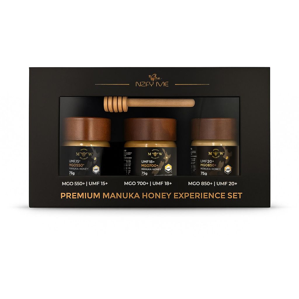 NZfyme - Manuka Honig Experience Set – 3×75 g (MGO 550+ / 700+ / 850+) | Premium Geschenkbox mit Holzlöffel | , aus Neuseeland