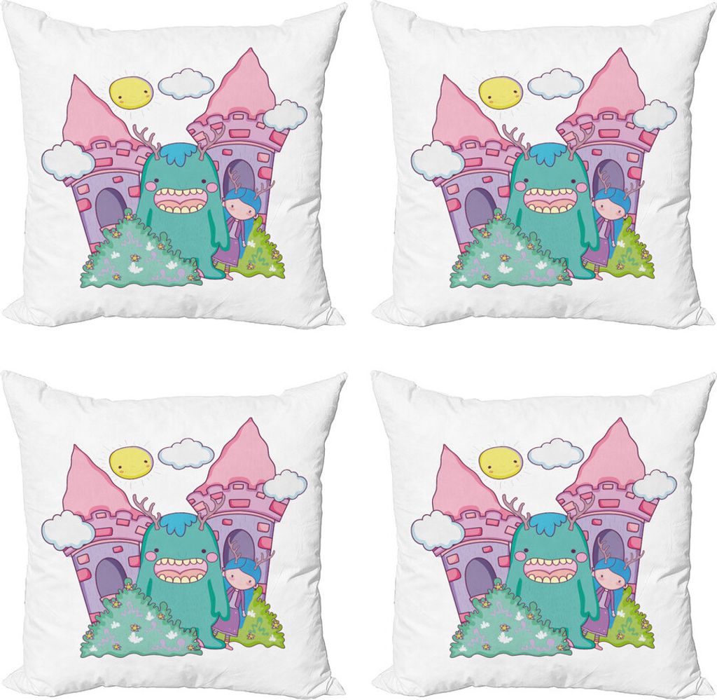 ABAKUHAUS Außerirdischer Kissenbezug Set (4 Stück), Kleine Mädchen Monster Castle, Moderner Doppelseitiger Digitaldruck, 40 cm x 40 cm, Mehrfarbig