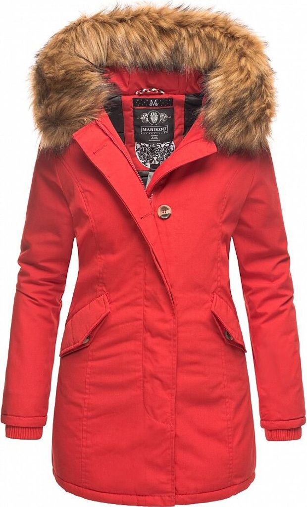 Marikoo Karmaa Damen Winter Jacke Stepp Parka Mantel Winterjacke warm gefüttert Rot mit Dunklem Fell Gr. 34 - XS