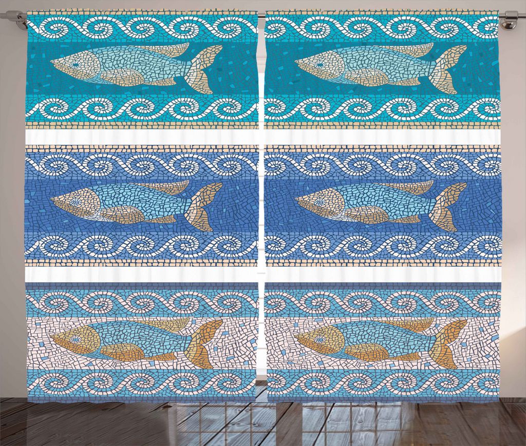 ABAKUHAUS Mosaik Rustikaler Gardine, Marine-Stil-Muster, Schlafzimmer Kräuselband Vorhang mit Schlaufen und Haken, 280 x 225 cm, Blau Töne
