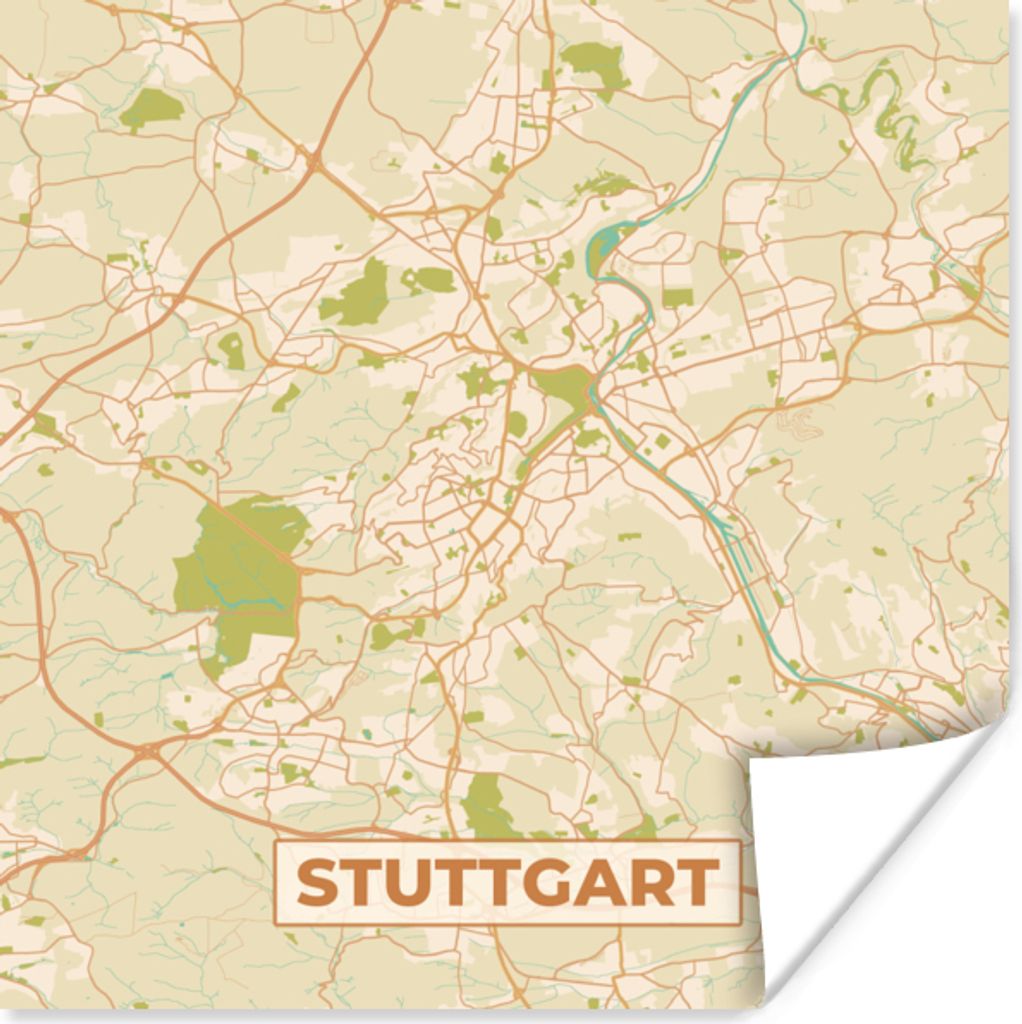 MuchoWow Poster Stadtplan - Stuttgart - Stadtplan - Vintage 75x75 cm - Wand Dekoration