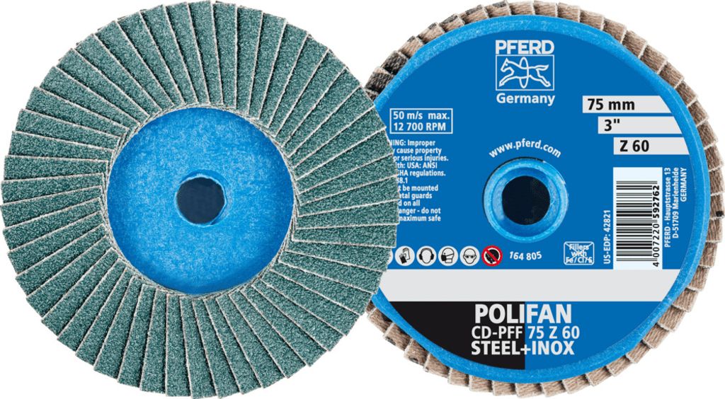 PFERD TOOLS COMBIDISC Zirkon Mini-POLIFAN CD Ø 75 mm Z60 für gehärteten Stahl