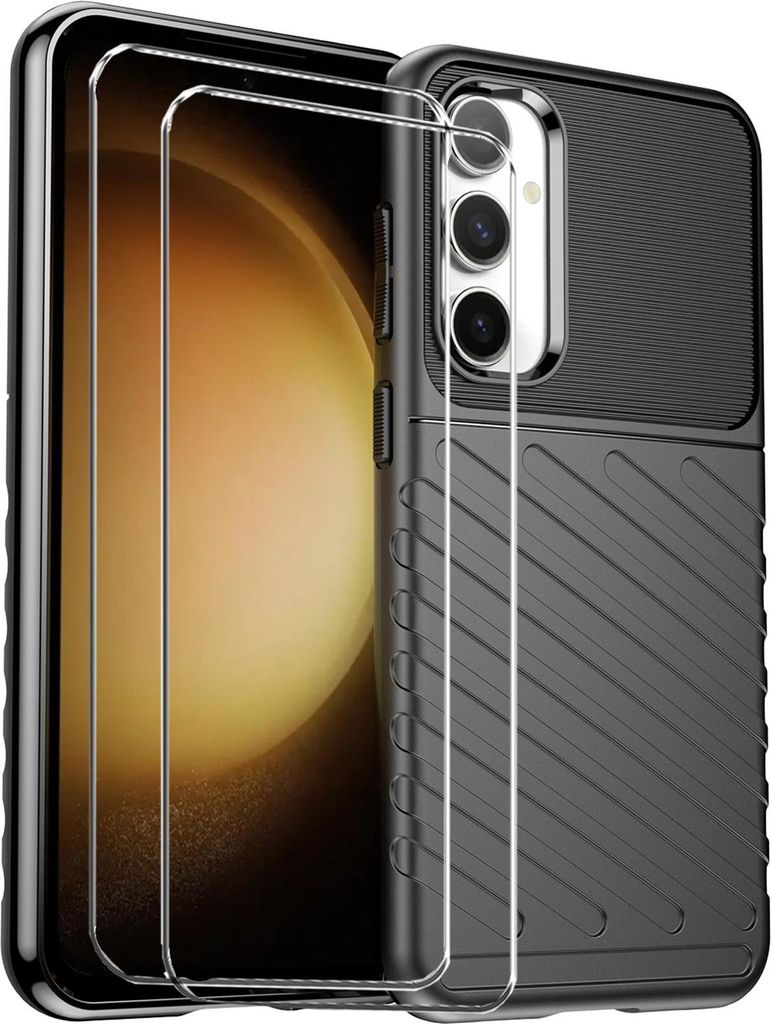 2in1 Schutz Cover Set für das Samsung Galaxy S23 FE besteht aus 2x 9H Glas Folie Display Schutzfolie und 1x Silikon Case Schutzhülle - Hülle in ...