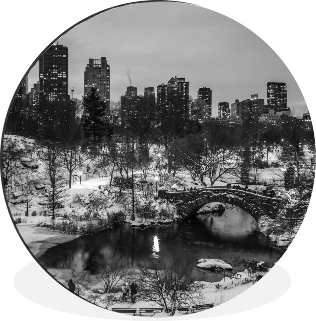MuchoWow Aluminium Wandkreis Winter im Central Park, New York - schwarz und weiß Ø 90 cm Wanddeko Modern Wohnzimmer - Mauerkreis - Wandbilder -...