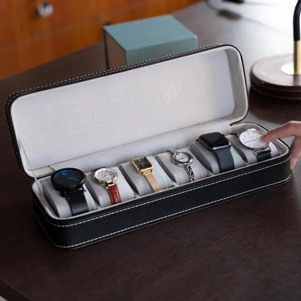 Rangement montres 6 emplacements noir mat et coussins en velours soyeux