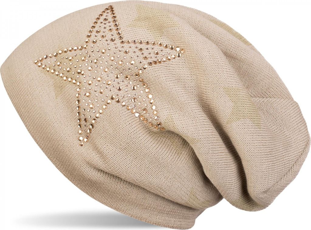 styleBREAKER warme Feinstrick Beanie Mütze mit All Over Stern Muster, Strass Stern und sehr weichem Fleece Innenfutter, Uni 04024084
