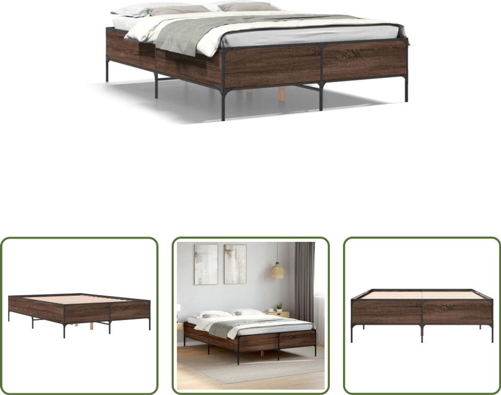 The Living Store Bettgestell Braun Eichen-Optik 120x190 cm Holzwerkstoff Metall