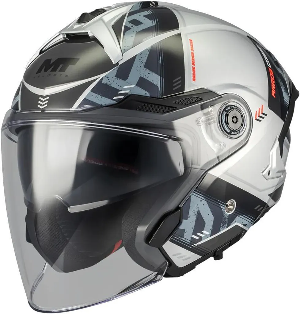Casque jet moto avec écran solaire MT Cosmo SV Arrow Gris Blanc, Taille XS