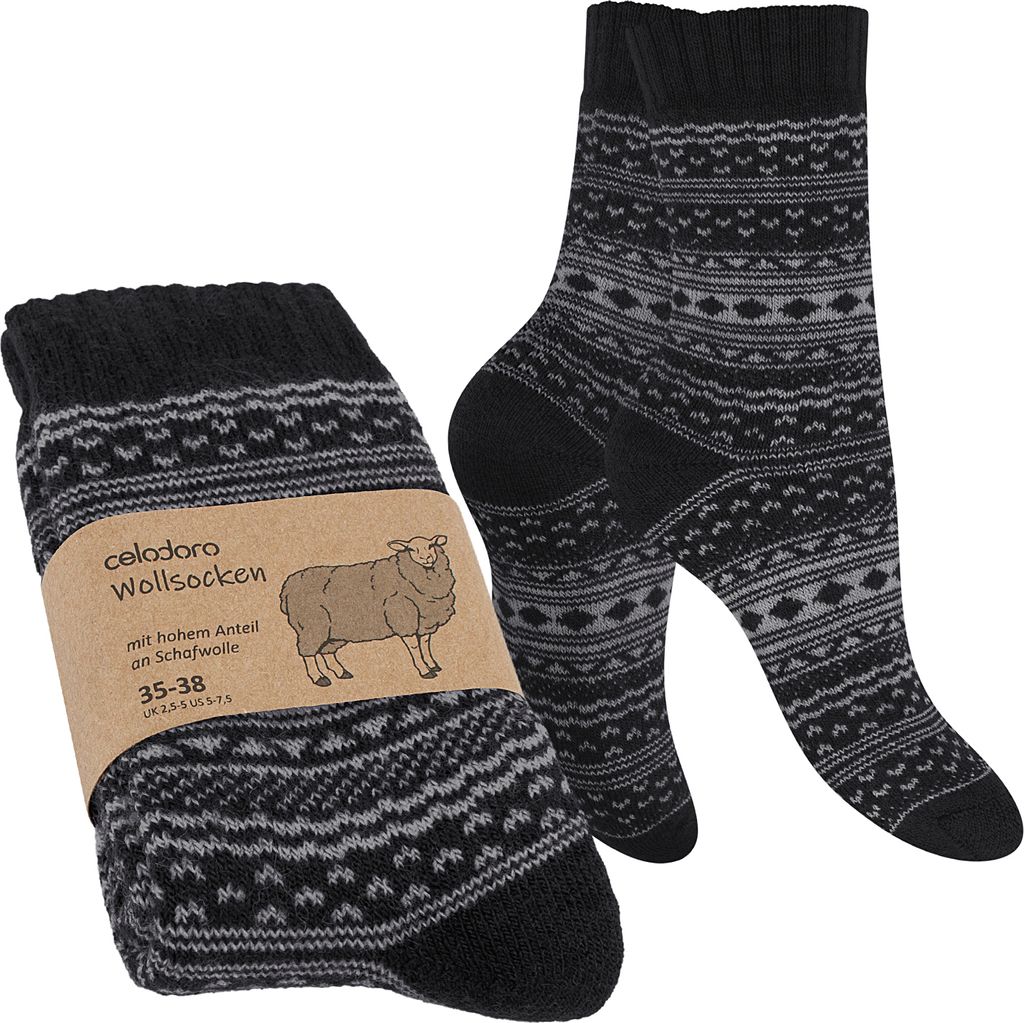 Celodoro Damen & Herren Frottee-Wollsocken mit Muster (1 Paar) - Schwarz mit Grau 35-38