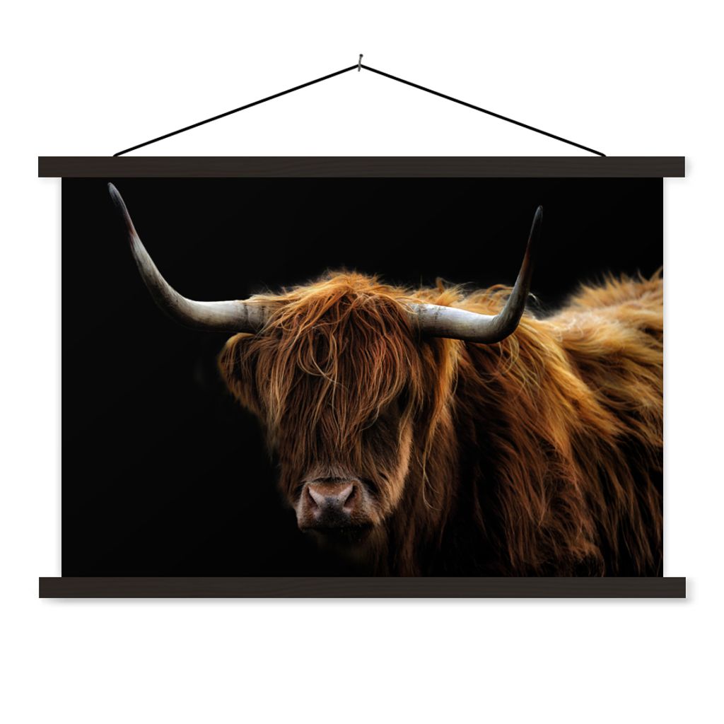 MuchoWow Textilposter Schottischer Highlander - Hörner - Schwarz - Tiere - Natur - Wild - Kuh 120x80 cm mit schwarzem Rahmen - Wanddeko