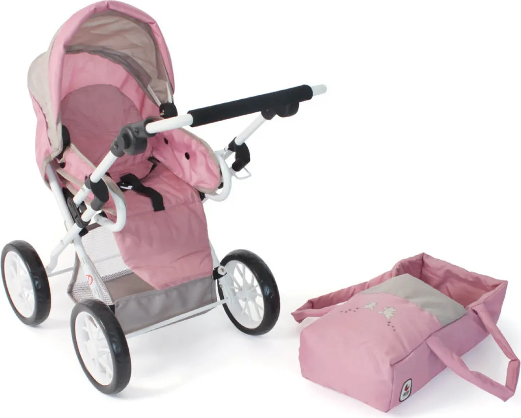 Poussette poupée LENI combinée, guidon réglable et panier, décor ours