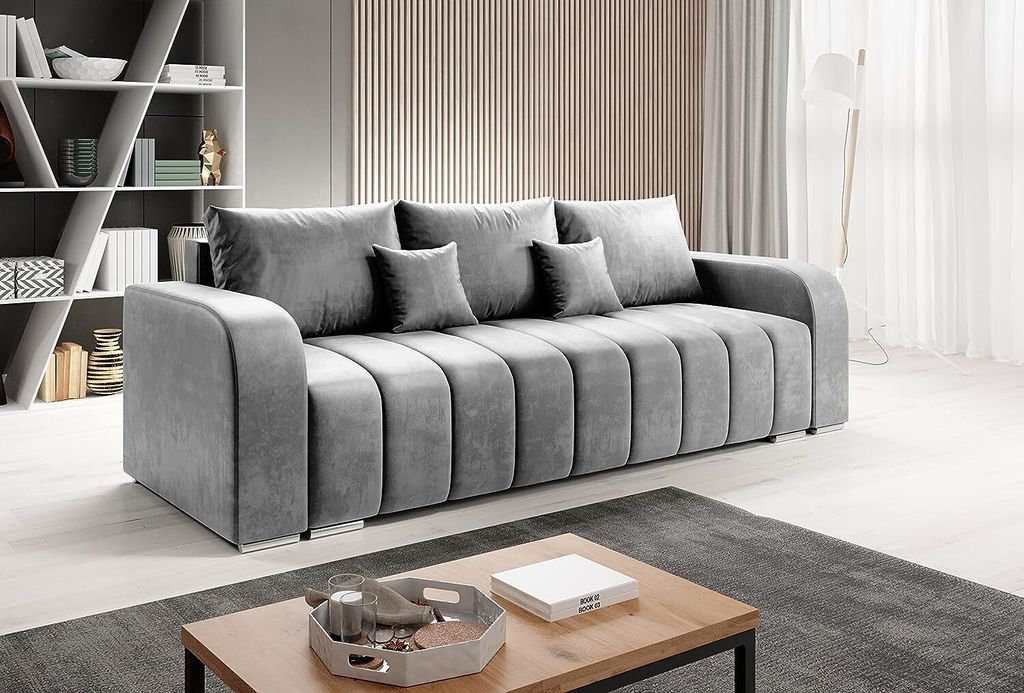 Easy4You Schlafsofa Pufetto - 245 cm - Velour Grau - 3 Sitzer Sofa - Bettzeugbehälter - Couch mit Schlaffunktion - Stoff: MANILA 16