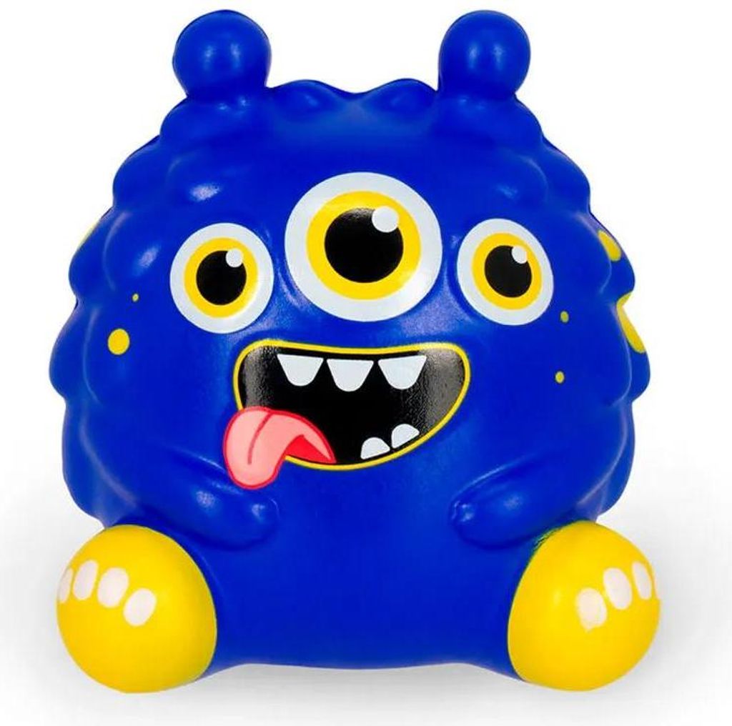A blue, three-eyed monster toy with yellow feet and yellow spots.