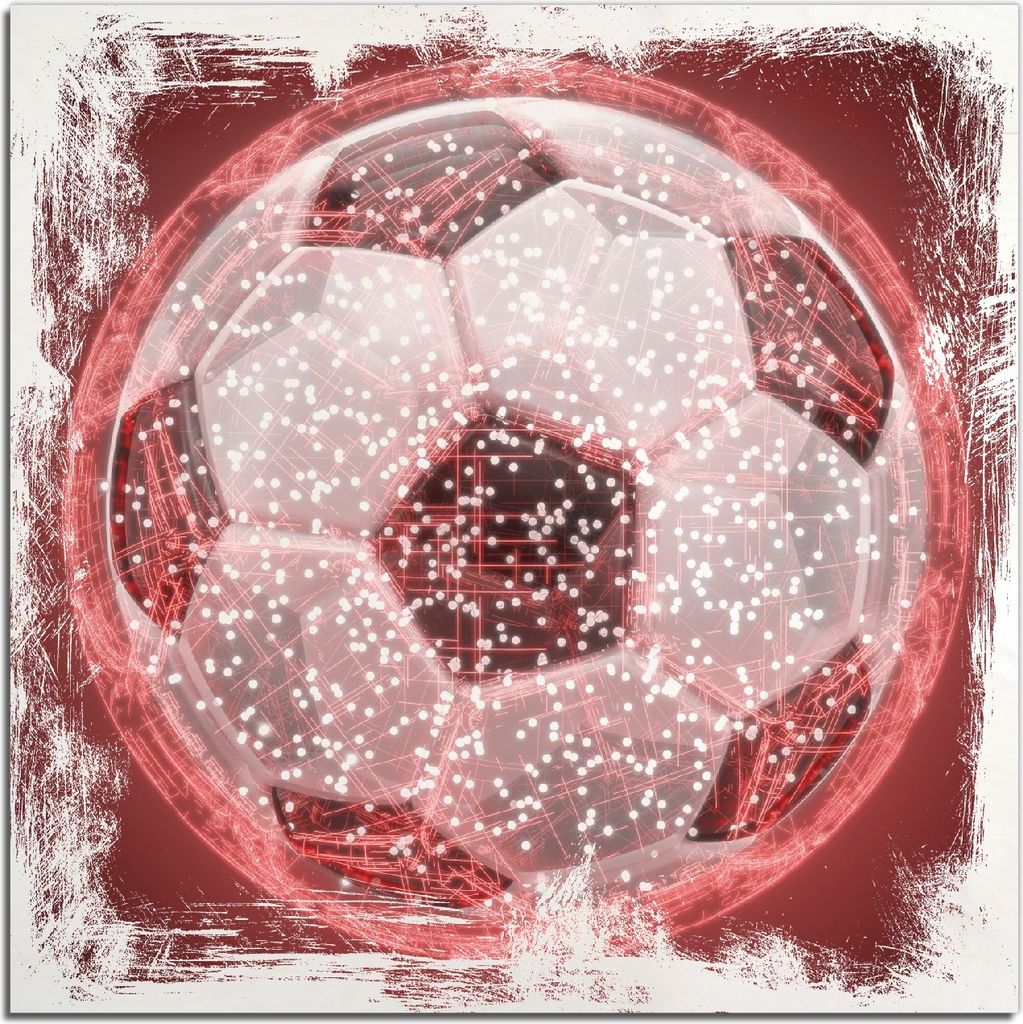 Kunstdrucke Wandbilder Holz in : Brillante Farben, Größe 50 x 50 cm Motiv Fußball digital - Netzwerk in rot