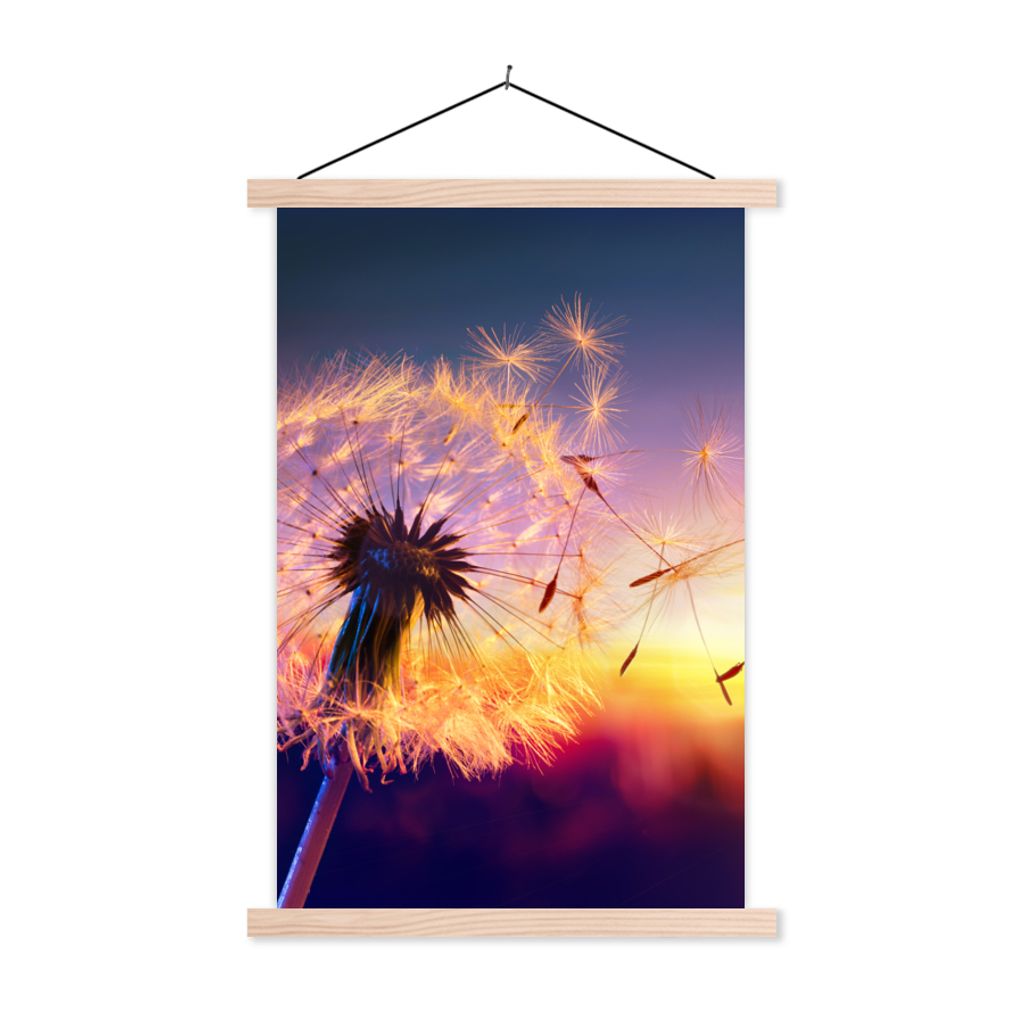 MuchoWow Textilposter Löwenzahn - Blumen - Sonnenuntergang - Horizont - Nacht 60x90 cm mit holzfarbenen Rahmen - Textil
