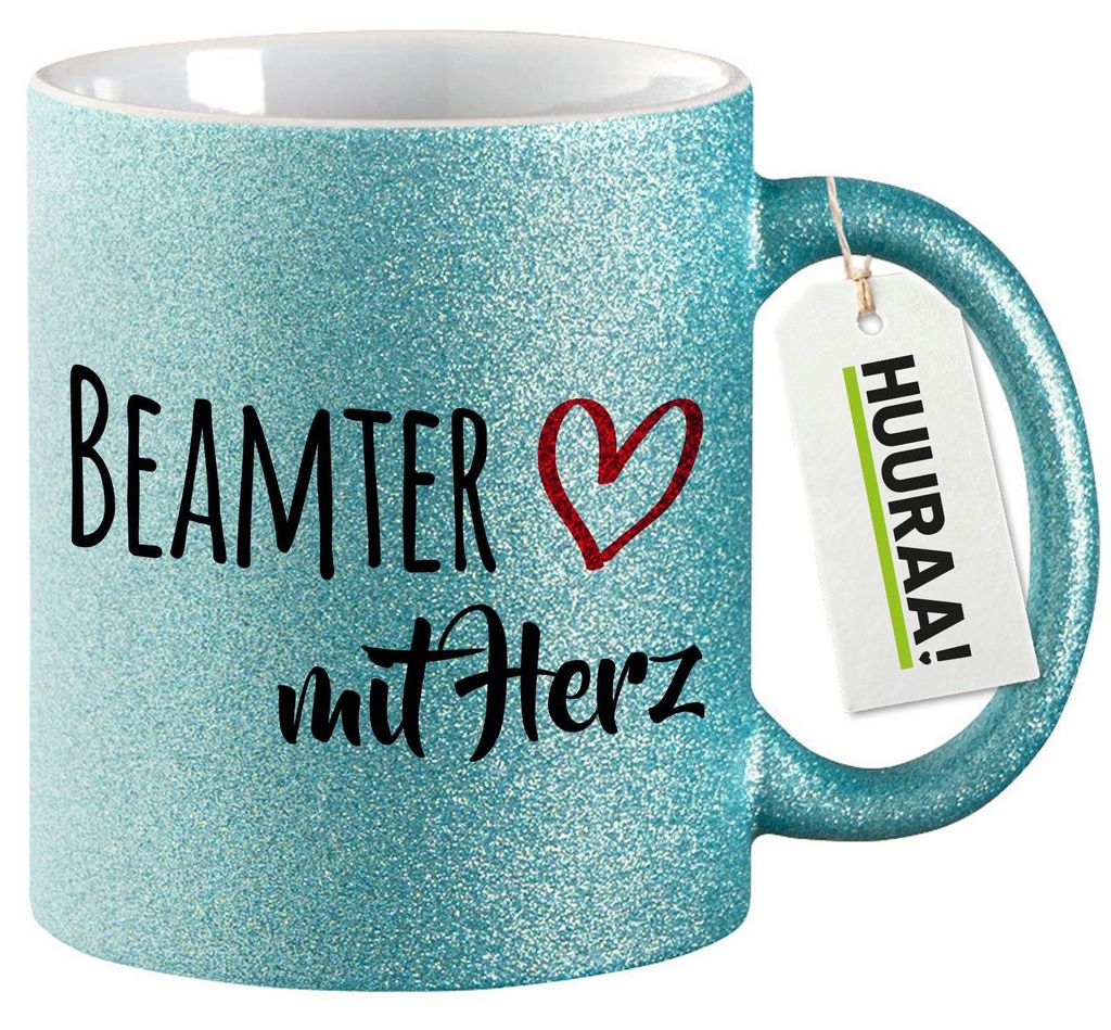 Huuraa Glitzertasse Beamter mit Herz 330ml Blau Keramik Kaffeebecher Geschenkidee