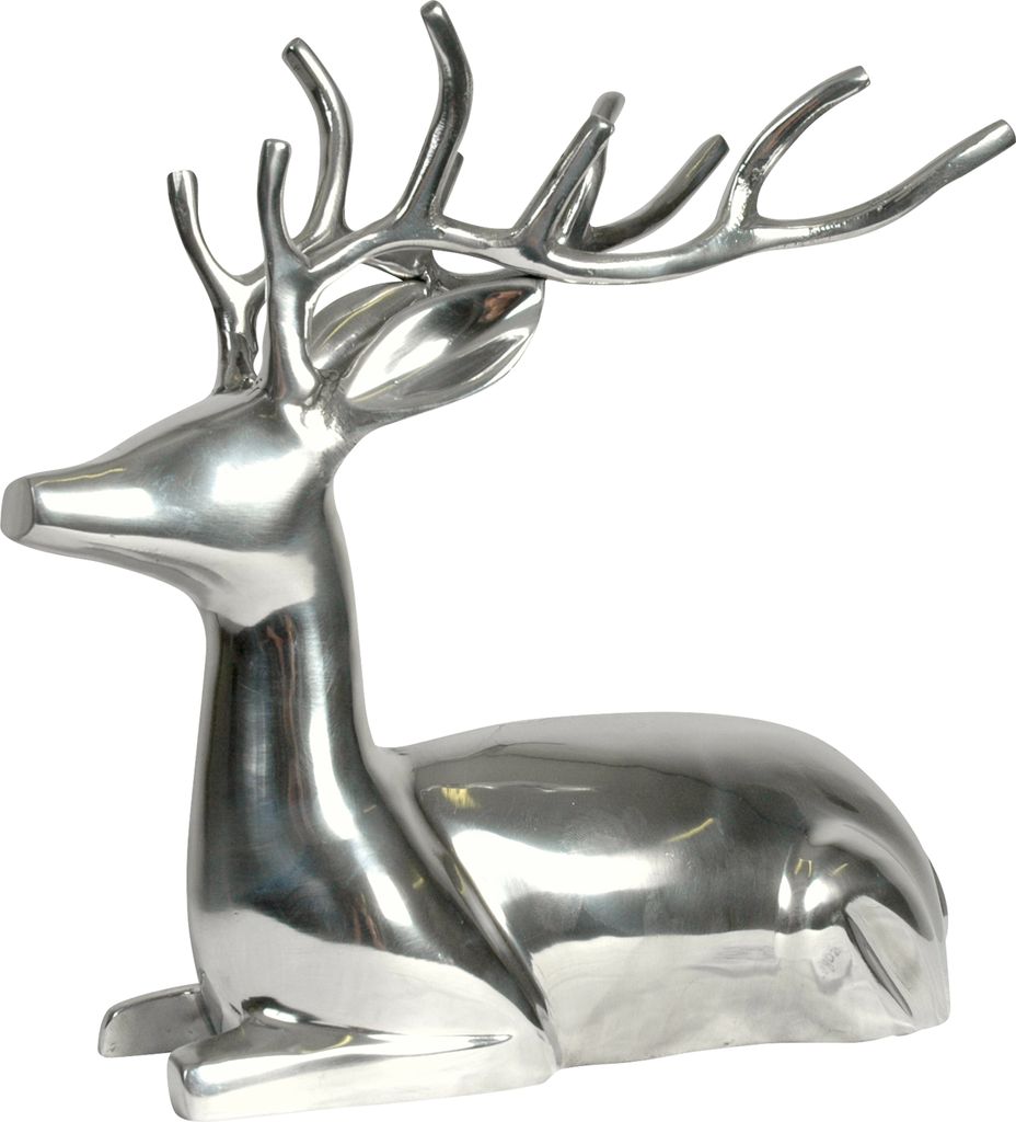 A polished aluminum sculpture of a lying deer with antlers, isolated on a white background.