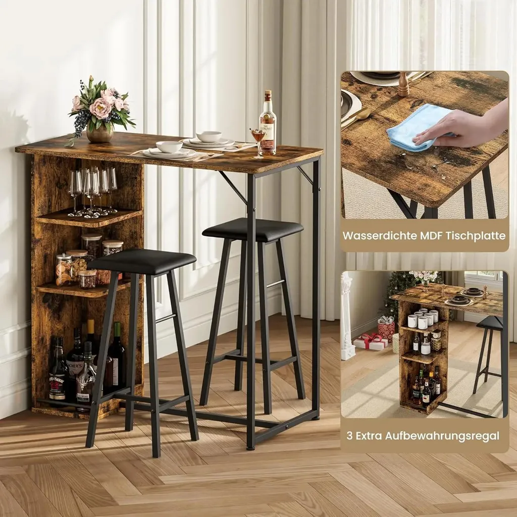 Table haute avec rangement et tabourets en PU vert - Ensemble 3 pcs - 5