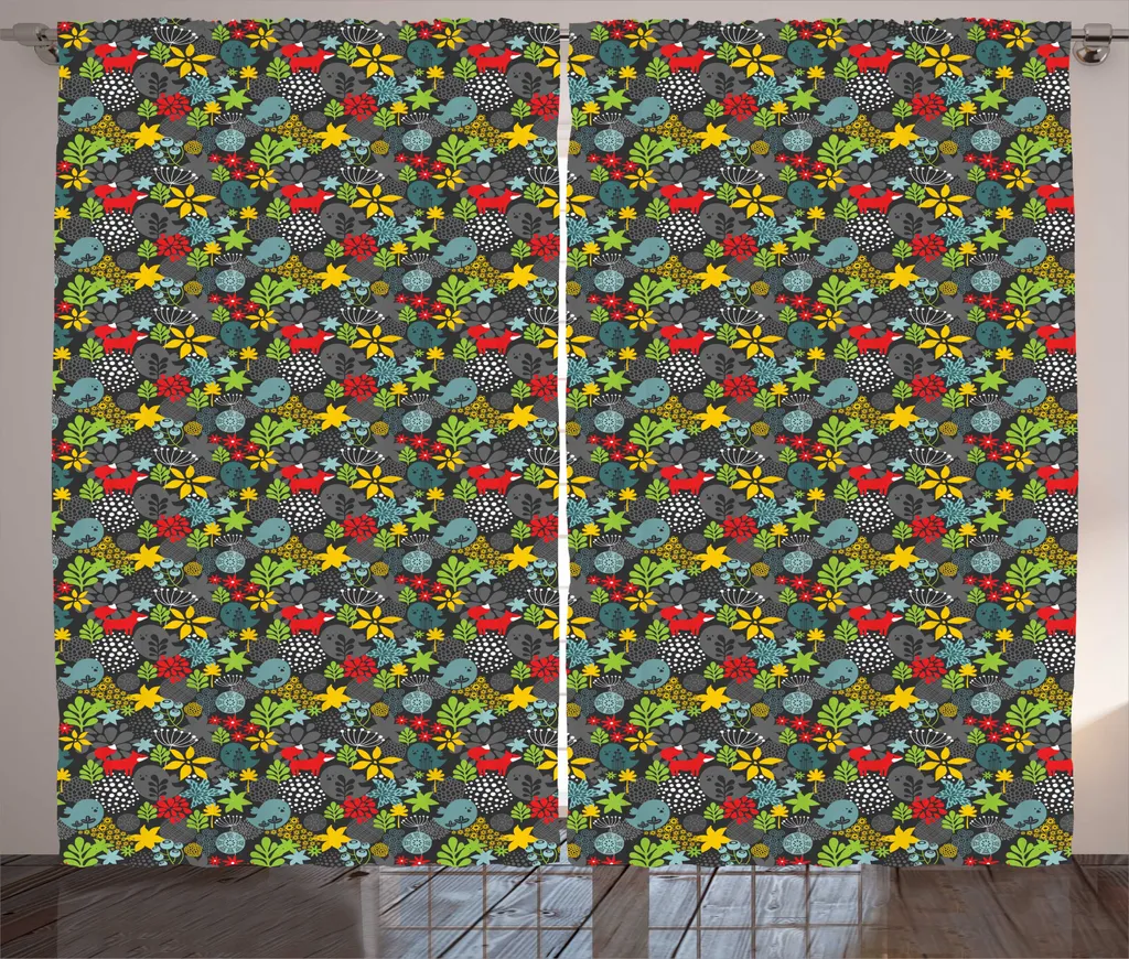 Rideau rustique ABAKUHAUS motif renard floral pour salon 280x225 cm