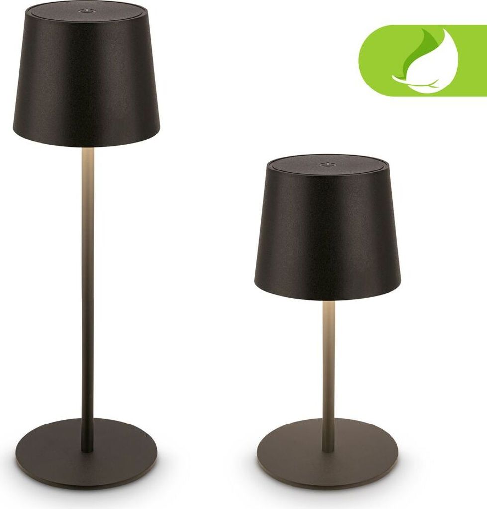 Two black LED table lamps of different sizes on a white background.