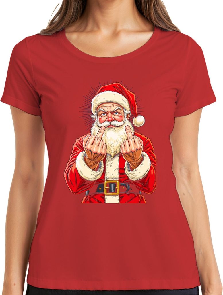 Frecher Weihnachtsmann Mittelfinger Sarkastisch Lustig Geschenk Damen T-Shirt, Rot, XL