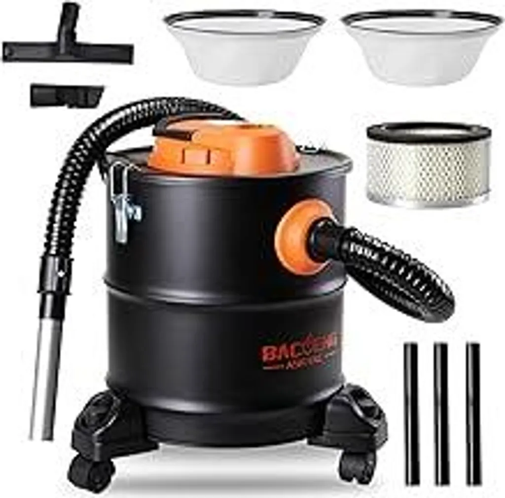 Aspirapolvere per cenere BACOENG per caminetti, aspirapolvere per cenere da 20 litri, aspirapolvere per caminetti da 1200 W, aspirapolvere per cenere per stufe a legna, aspirapolvere per cenere per stufe a pellet con base su ruote, per barbecue, forni - 1